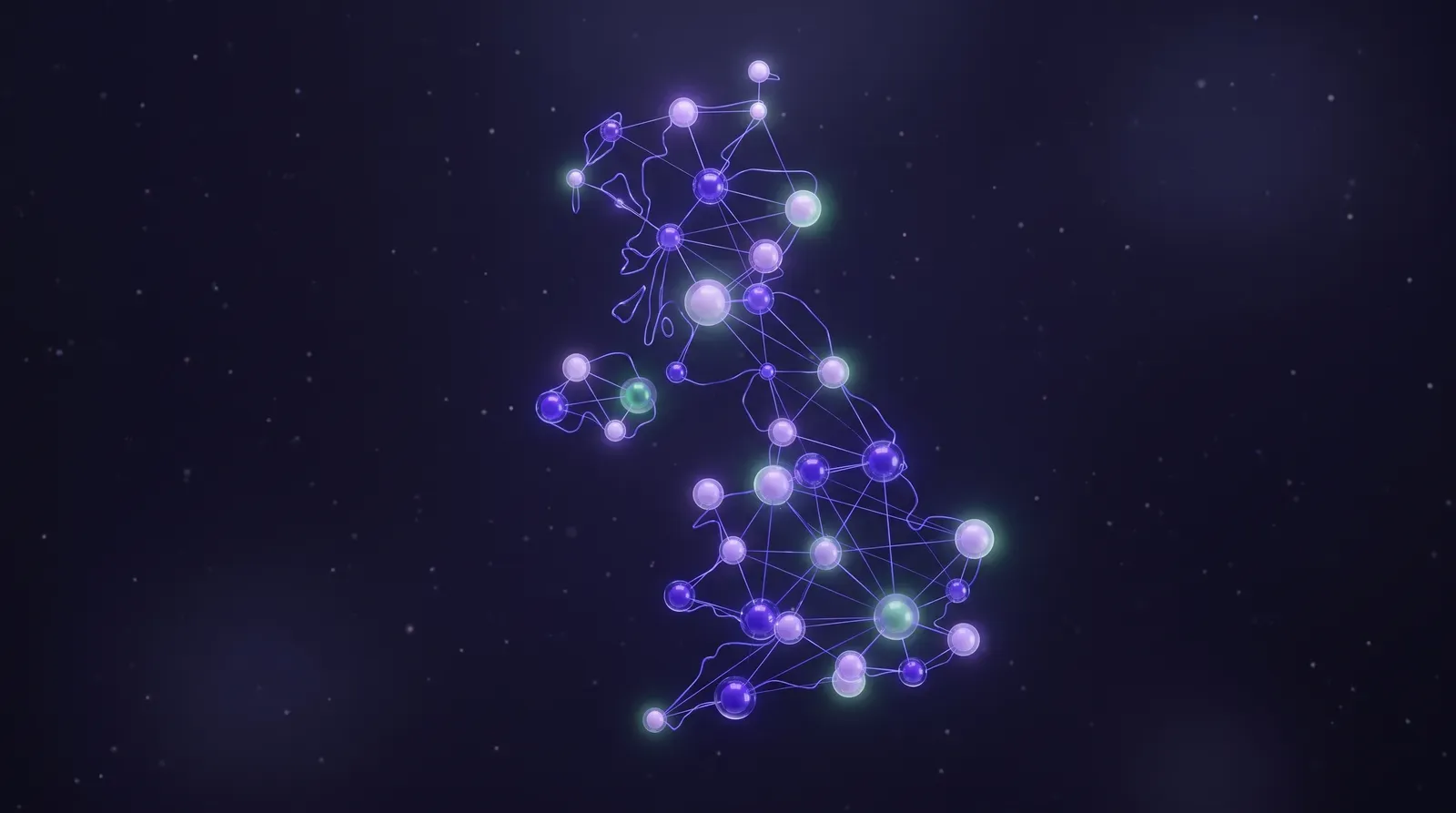 Abstract network of glowing connected points in the shape of Great Britain, representing businesses matched to leads across the UK