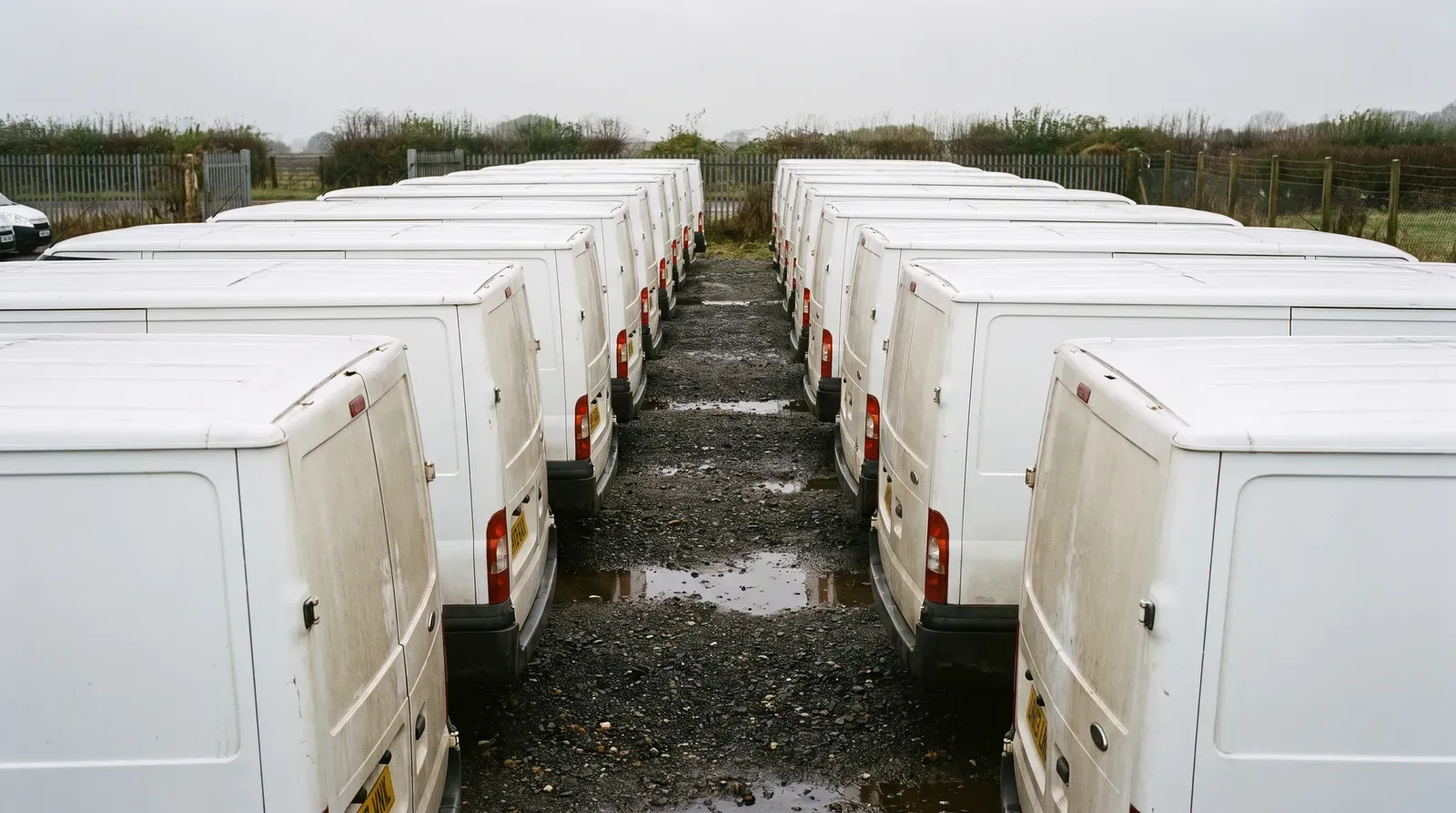 White hire vans and cars parked in neat rows at a UK vehicle rental yard